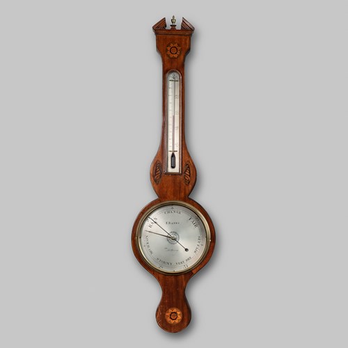 18TH CENTURY ANTIQUE GEORGIAN MAHOGANY WHEEL BAROMETER BY E. BATES OF KETTERING